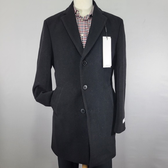 Calvin Klein Men's Over Coat Black Flannel Wool Blend Size 40L Slim Fit NEW - Picture 1 of 16